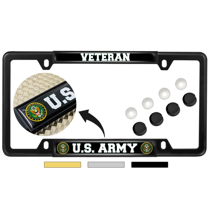 BestLicensePlateFrames [Officially Licensed Product] - U.S. Army Veteran - Domed Custom-Made Personalized Narrow (Thin) Top 4 Hole Metal Car License Plate Frame with Free caps - Black (Quantity: 1 Frame) - Image 1